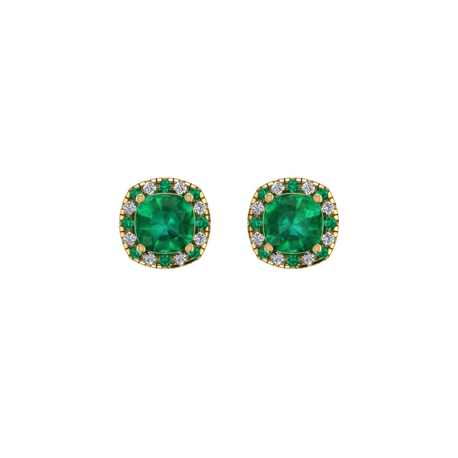 Gold emerald cushion halo stud earrings front view
