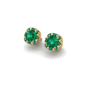 Gold emerald cushion halo stud earrings