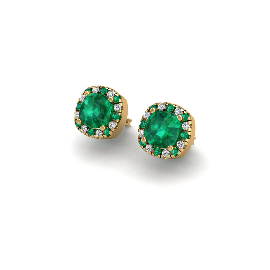 Gold emerald cushion halo stud earrings