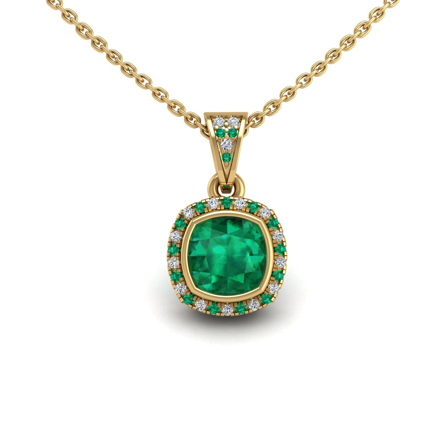Gold emerald cushion heavenly halo pendant center view