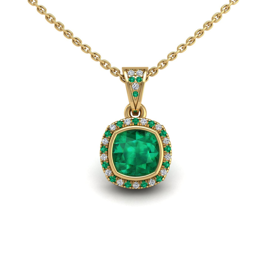 Gold emerald cushion heavenly halo pendant center view