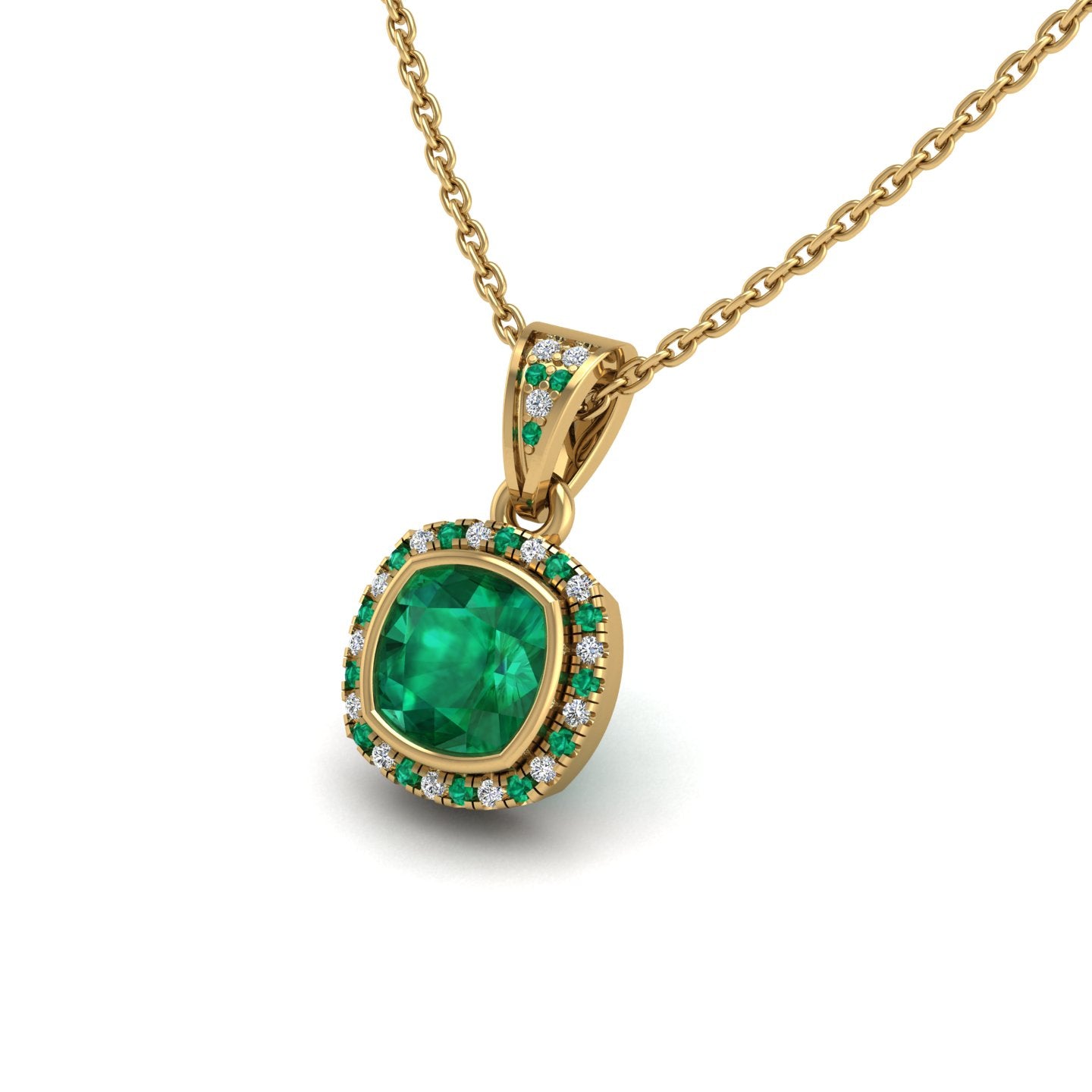 Gold emerald cushion heavenly halo pendant