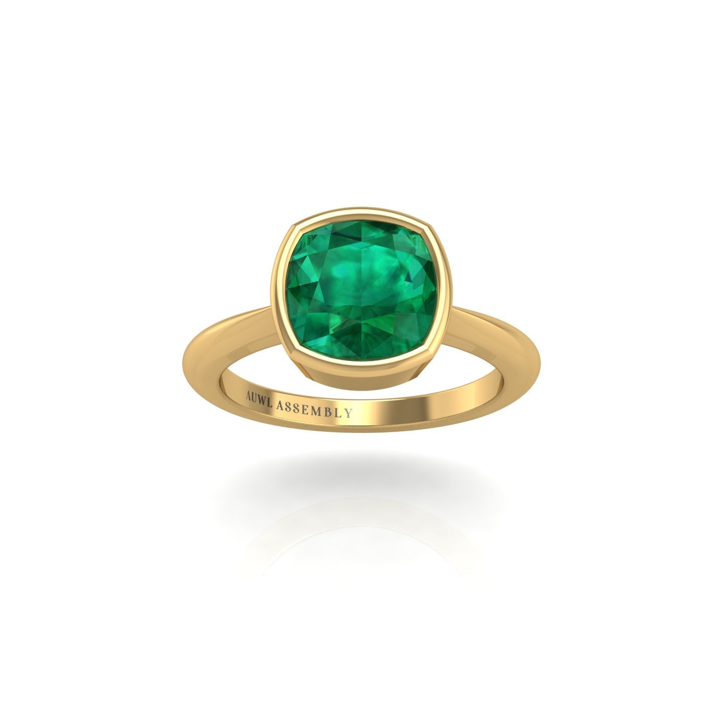 Gold emerald cushion solitaire ring front view