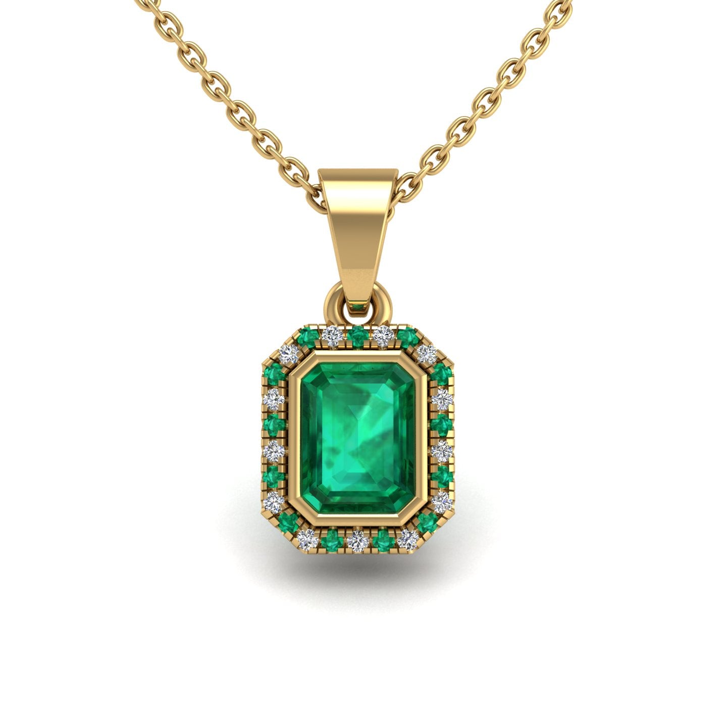 Gold emerald emerald divine halo pendant center view