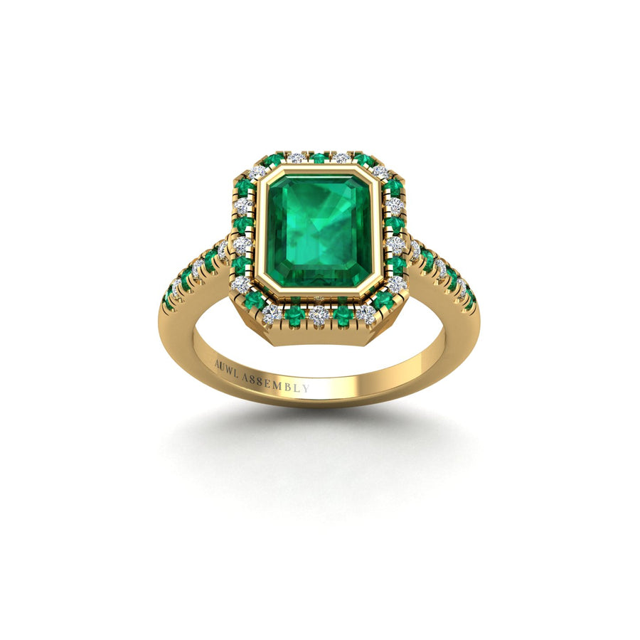 Gold emerald emerald halo ring front view