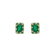 Gold emerald emerald halo stud earrings front view