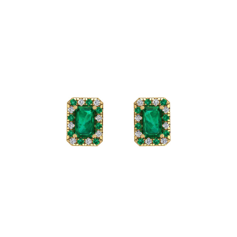 Gold emerald emerald halo stud earrings front view