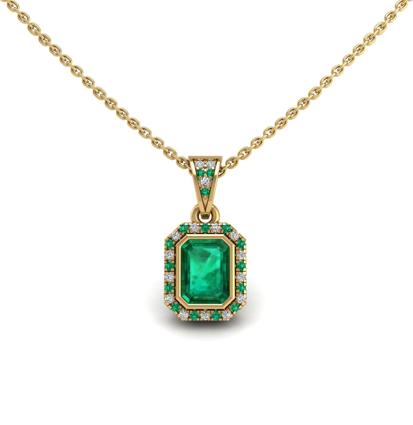 Gold emerald emerald heavenly halo pendant center view