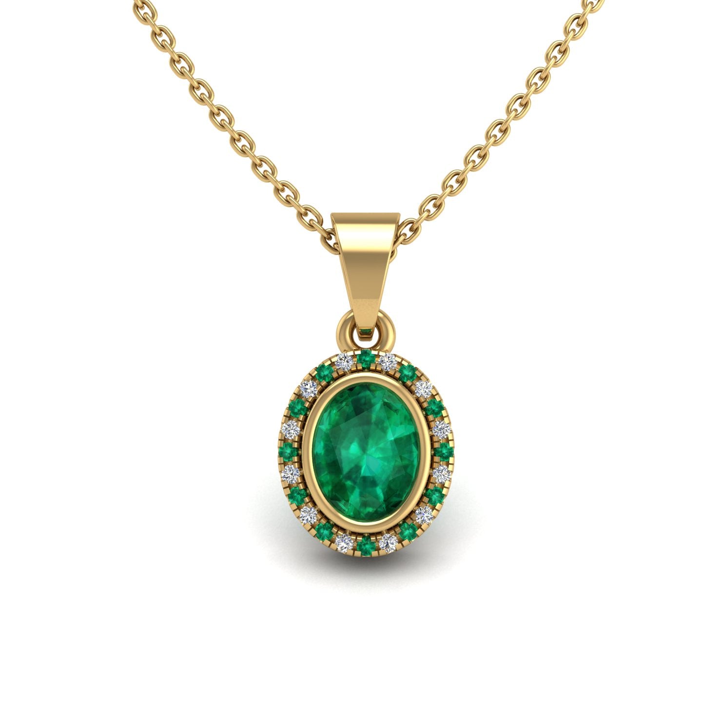 Gold emerald oval divine halo pendant center view