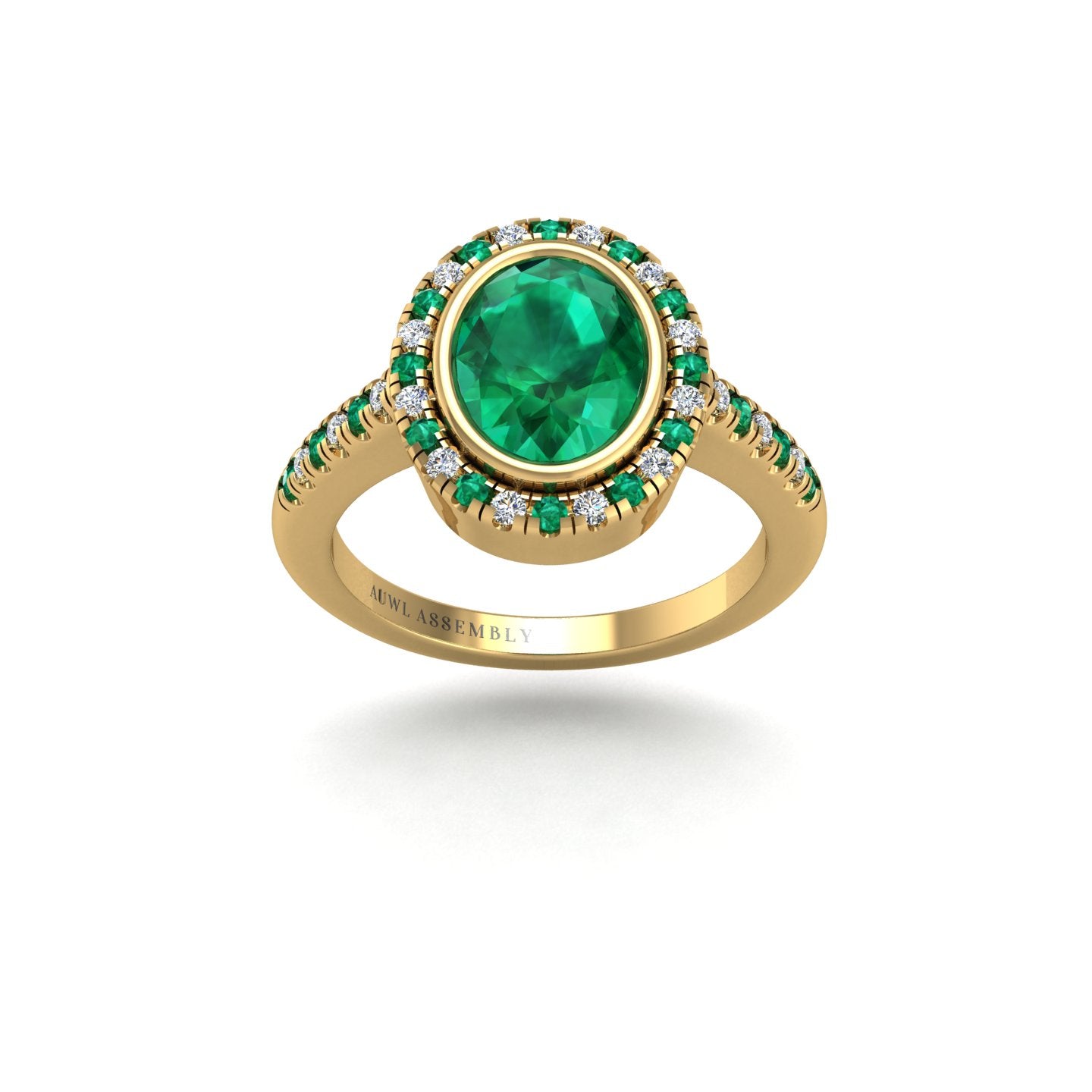 Gold emerald oval halo ring front view