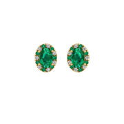 Gold emerald oval halo stud earrings front view