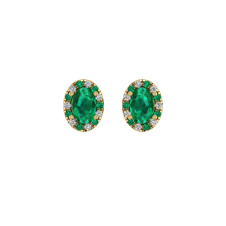 Gold emerald oval halo stud earrings front view