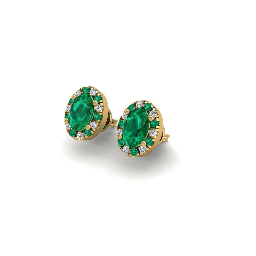 Gold emerald oval halo stud earrings
