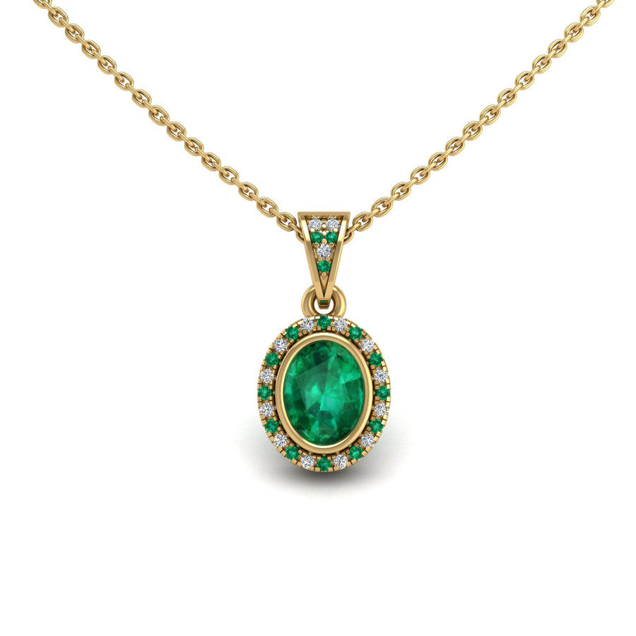Gold emerald oval heavenly halo pendant center view