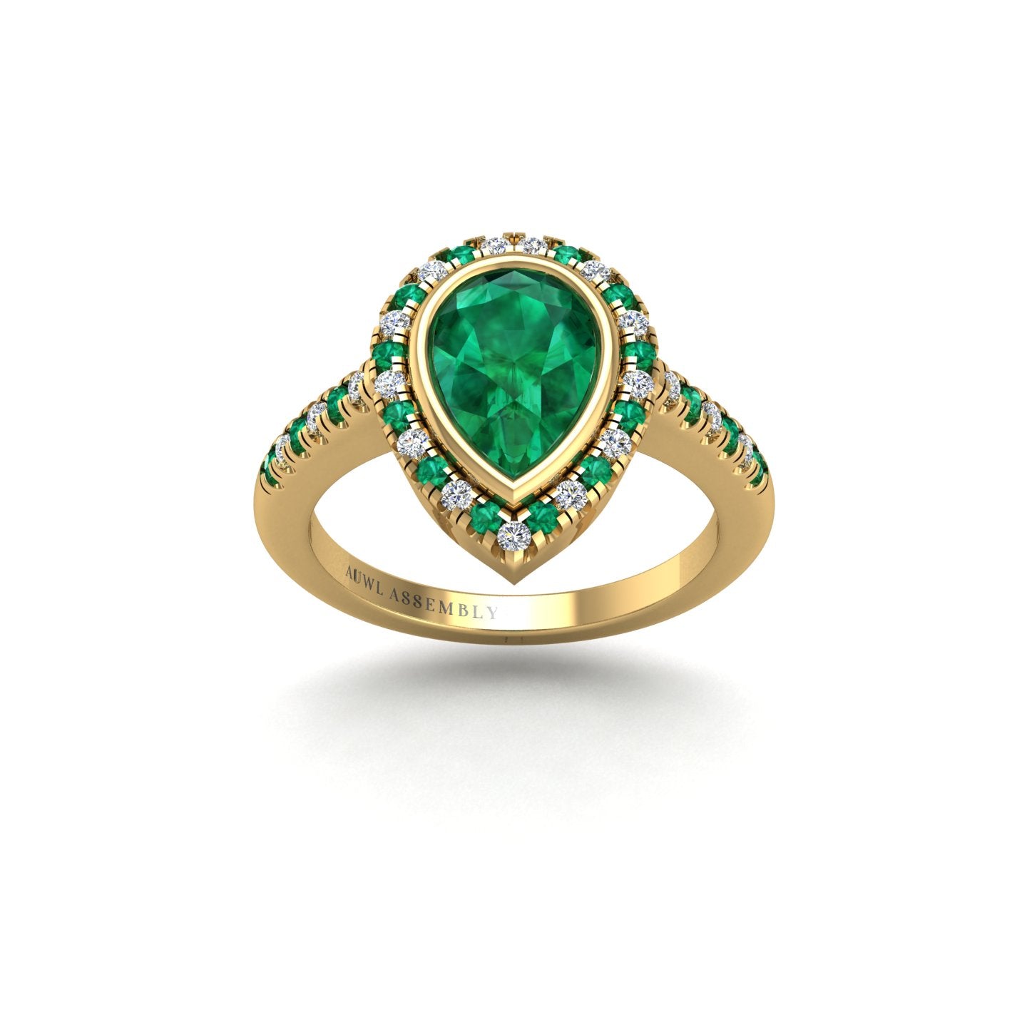 Gold emerald pear halo ring front view