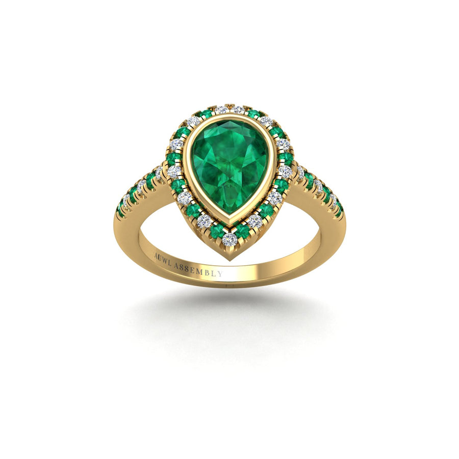 Gold emerald pear halo ring front view