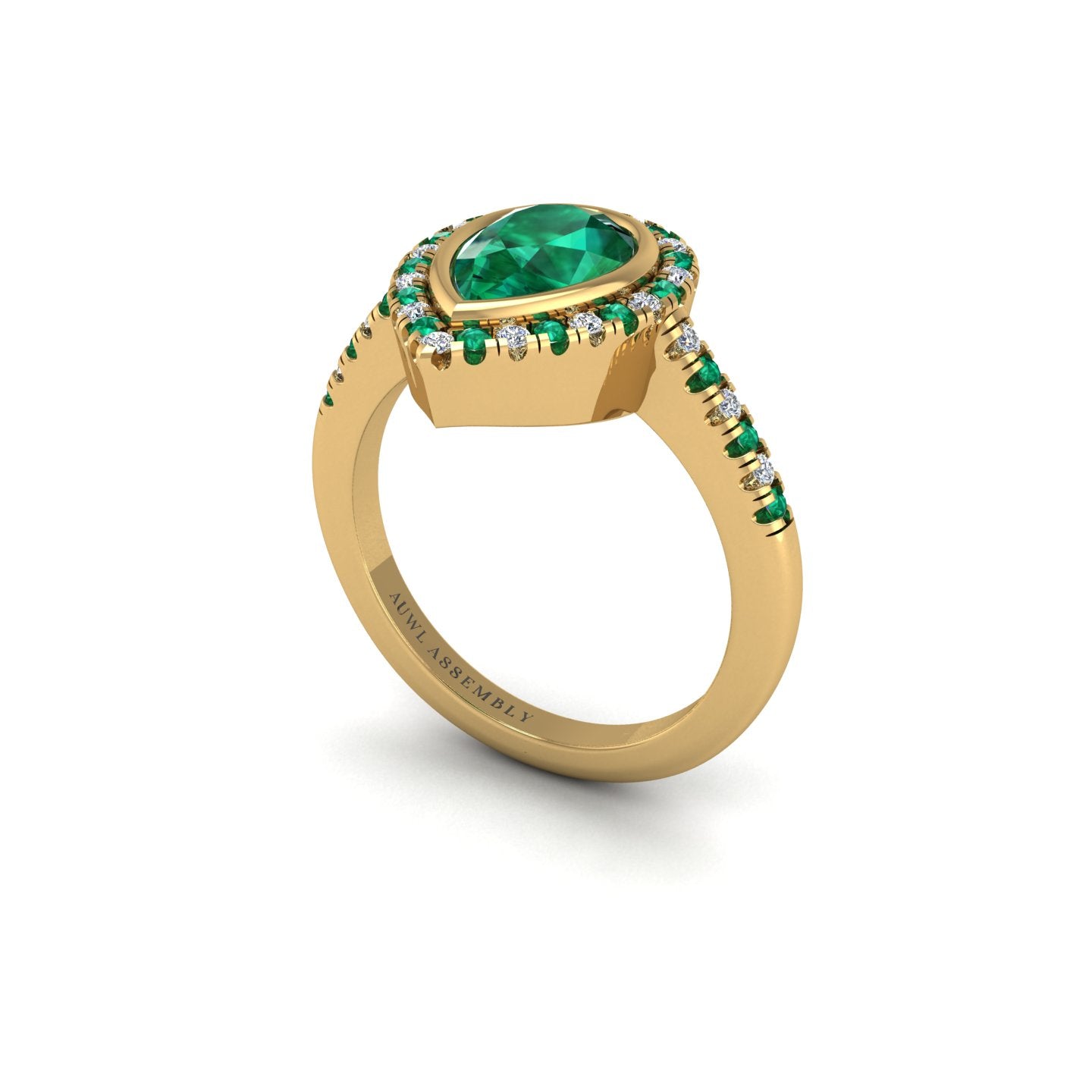 Gold emerald pear halo ring