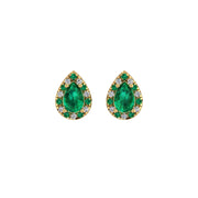 Gold emerald pear halo stud earrings front view