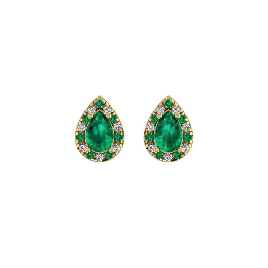 Gold emerald pear halo stud earrings front view