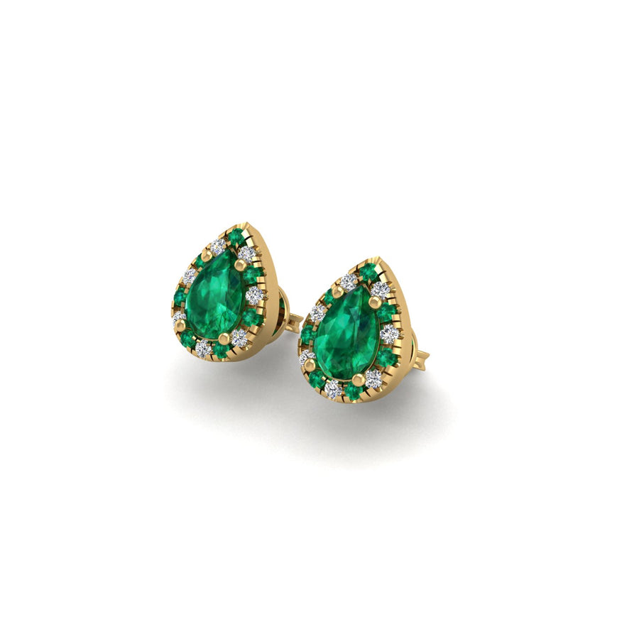 Gold emerald pear halo stud earrings