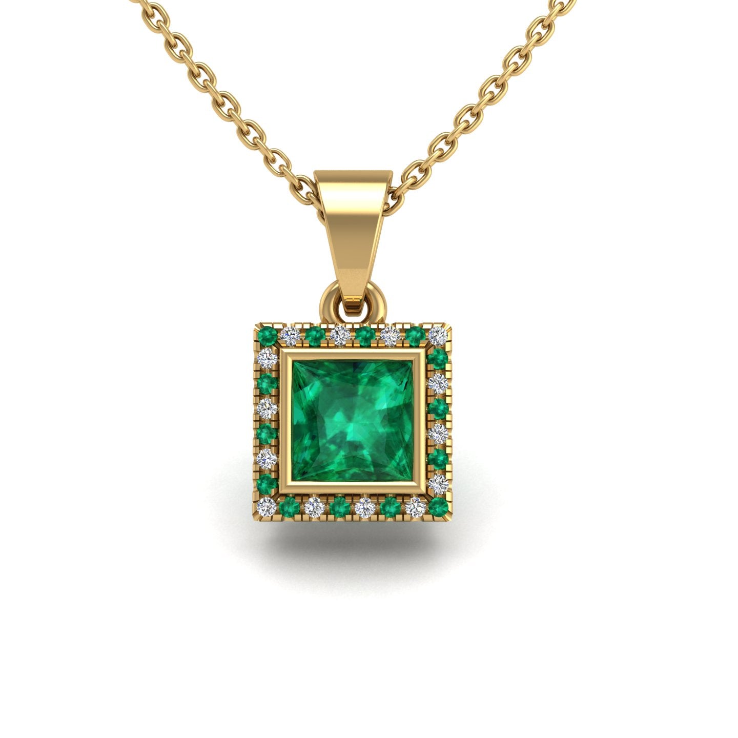 Gold emerald princess divine halo pendant center view