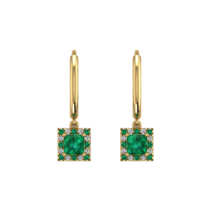 Gold emerald princess halo hoop earrings front view