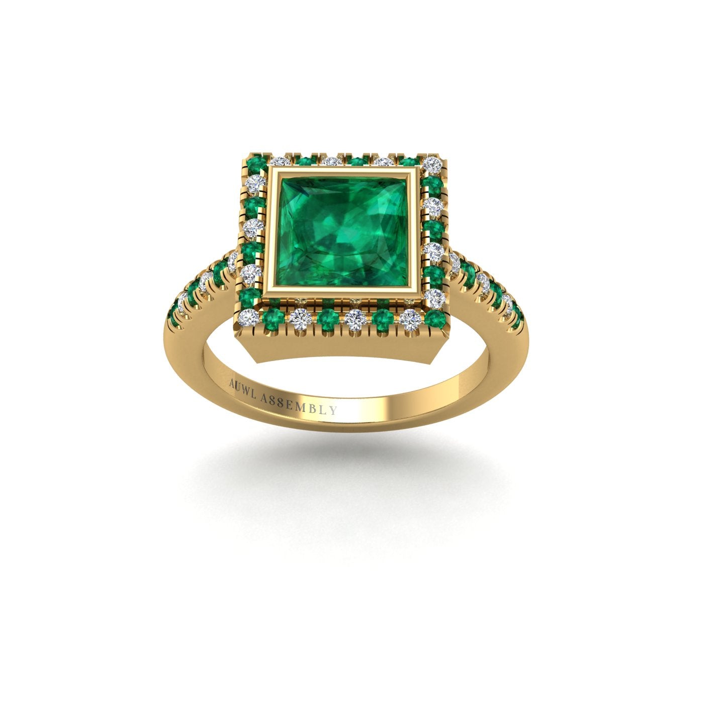 Gold emerald princess halo ring front view