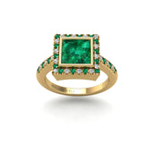 Gold emerald princess halo ring front view