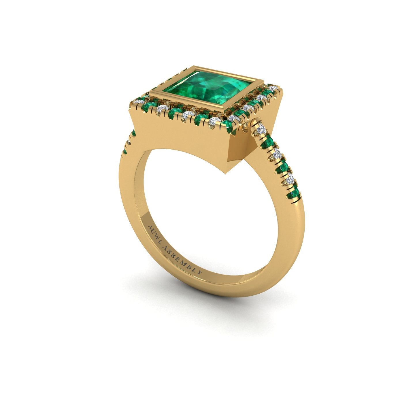 Gold emerald princess halo ring