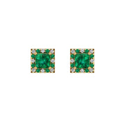 Gold emerald princess halo stud earrings front view
