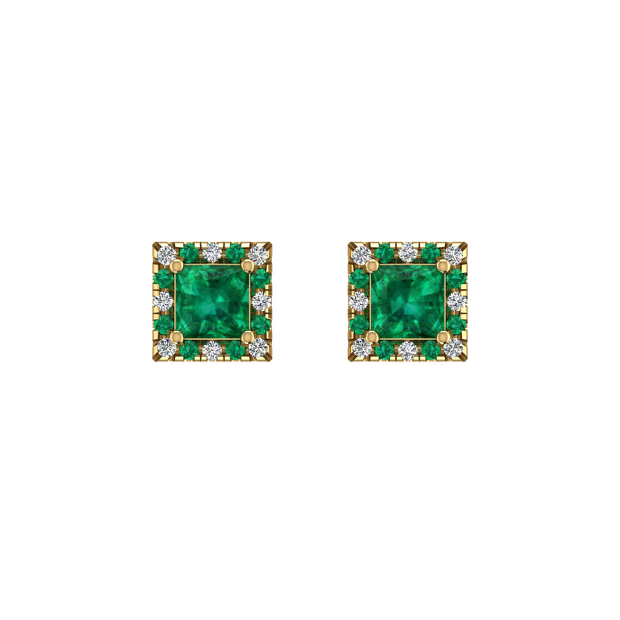 Gold emerald princess halo stud earrings front view