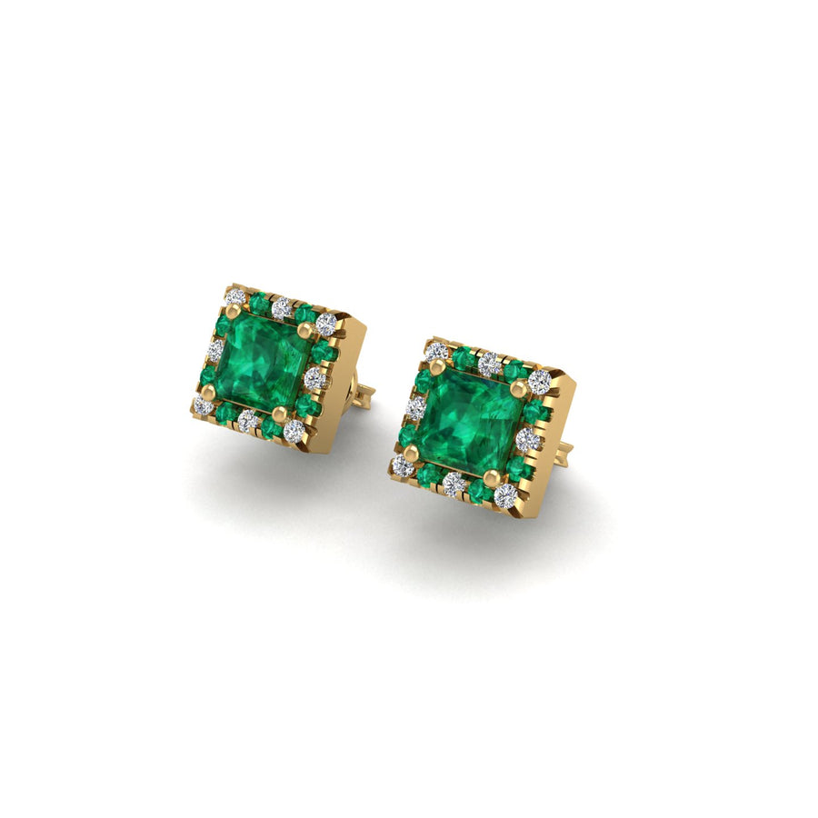Gold emerald princess halo stud earrings