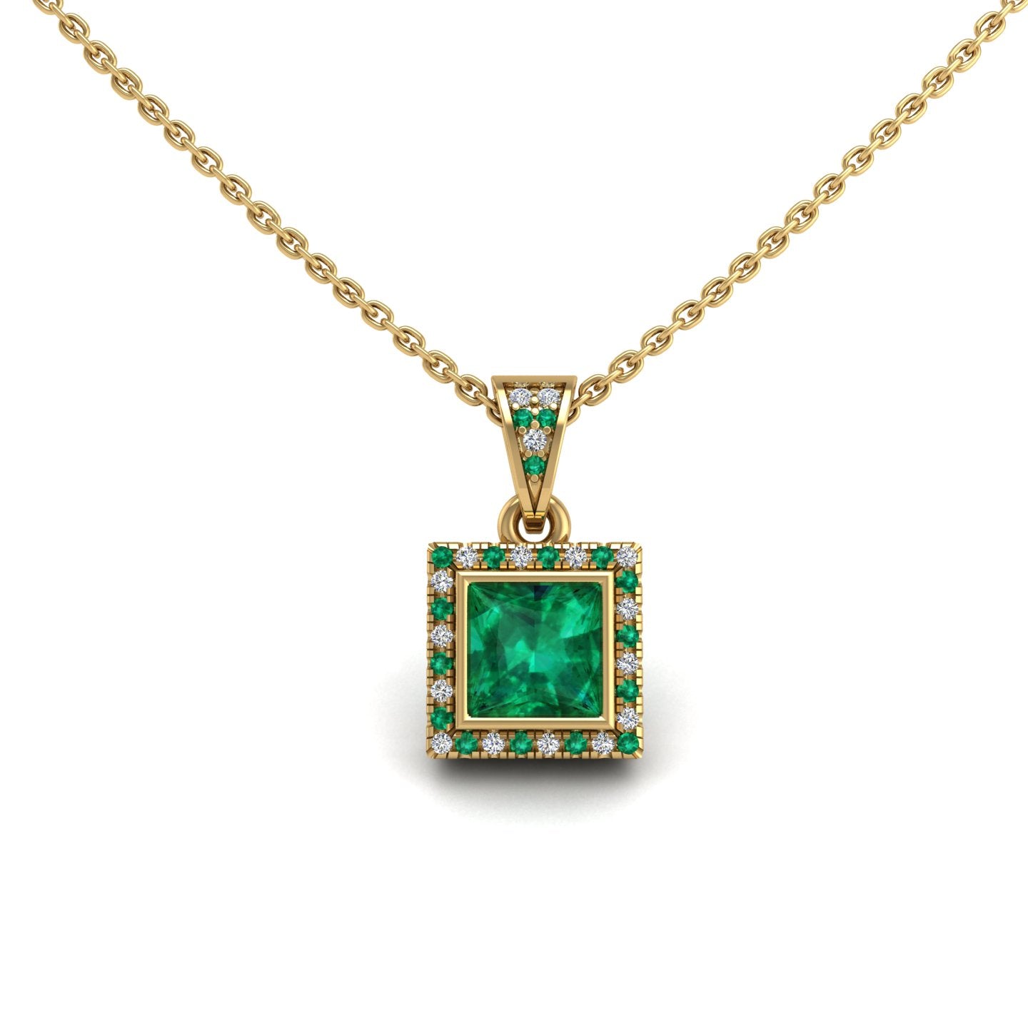 Gold emerald princess heavenly halo pendant center view