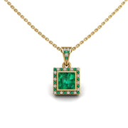 Gold emerald princess heavenly halo pendant center view