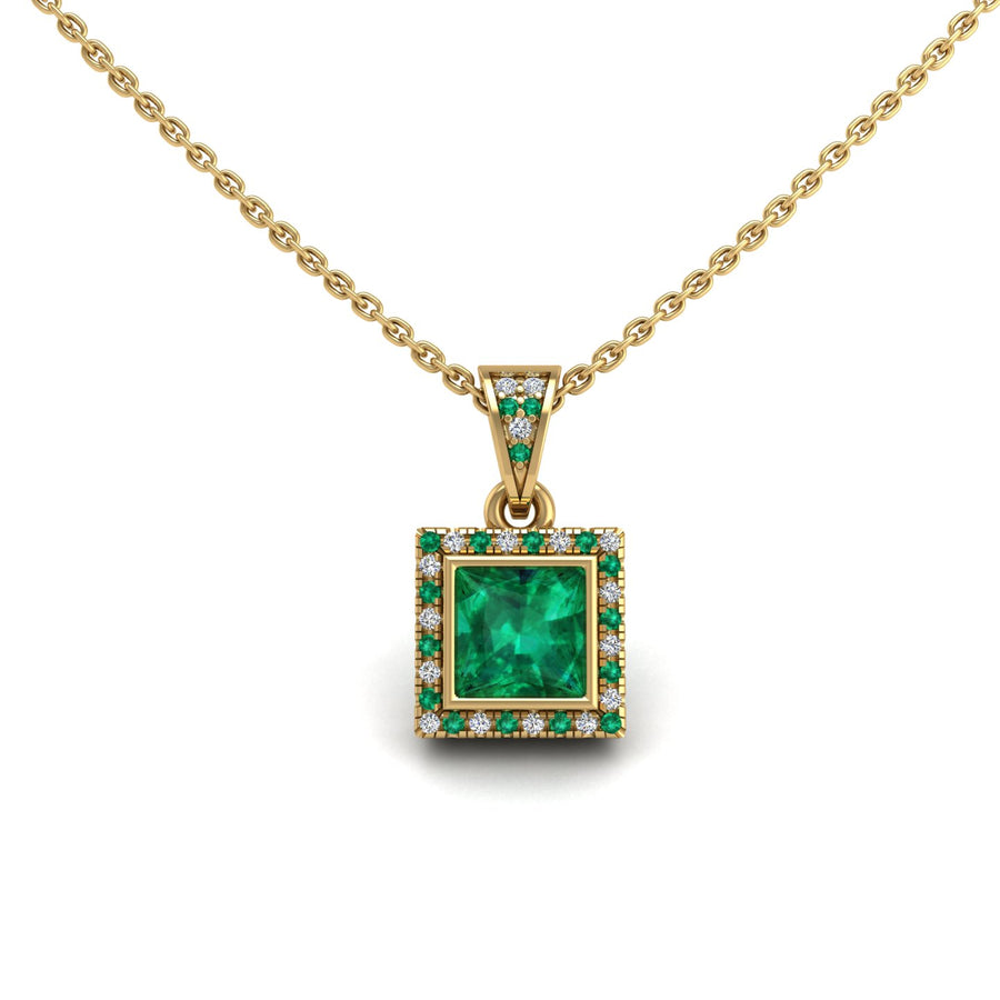 Gold emerald princess heavenly halo pendant center view