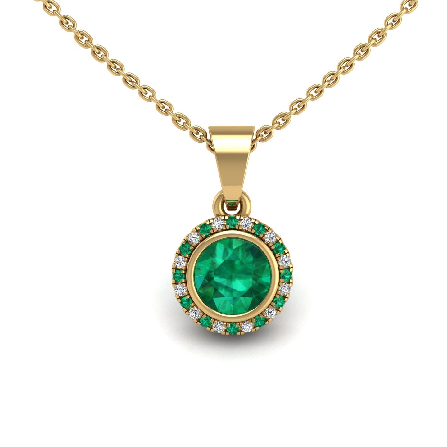 Gold emerald round divine halo pendant center view