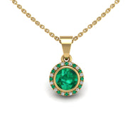 Gold emerald round divine halo pendant center view