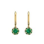 Gold emerald round halo hoop earrings front view