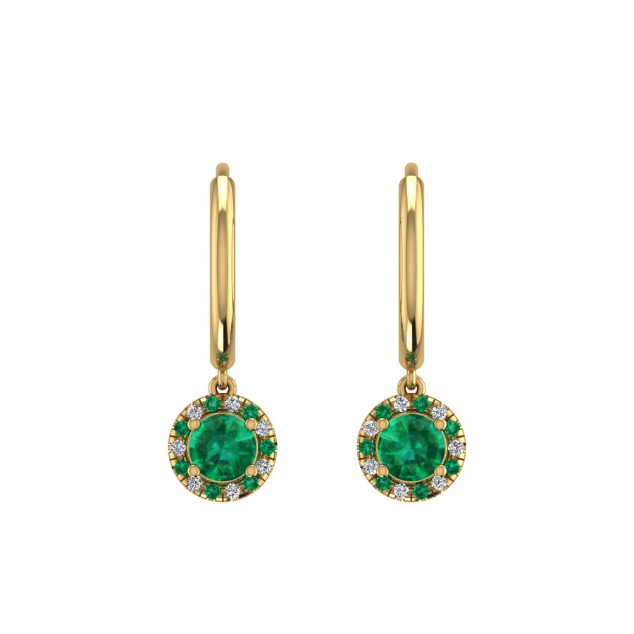 Gold emerald round halo hoop earrings front view