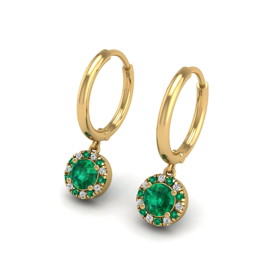 Gold emerald round halo hoop earrings