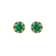 Gold emerald round halo stud earrings front view