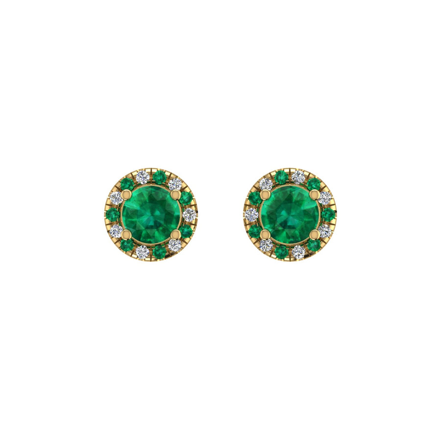 Gold emerald round halo stud earrings front view