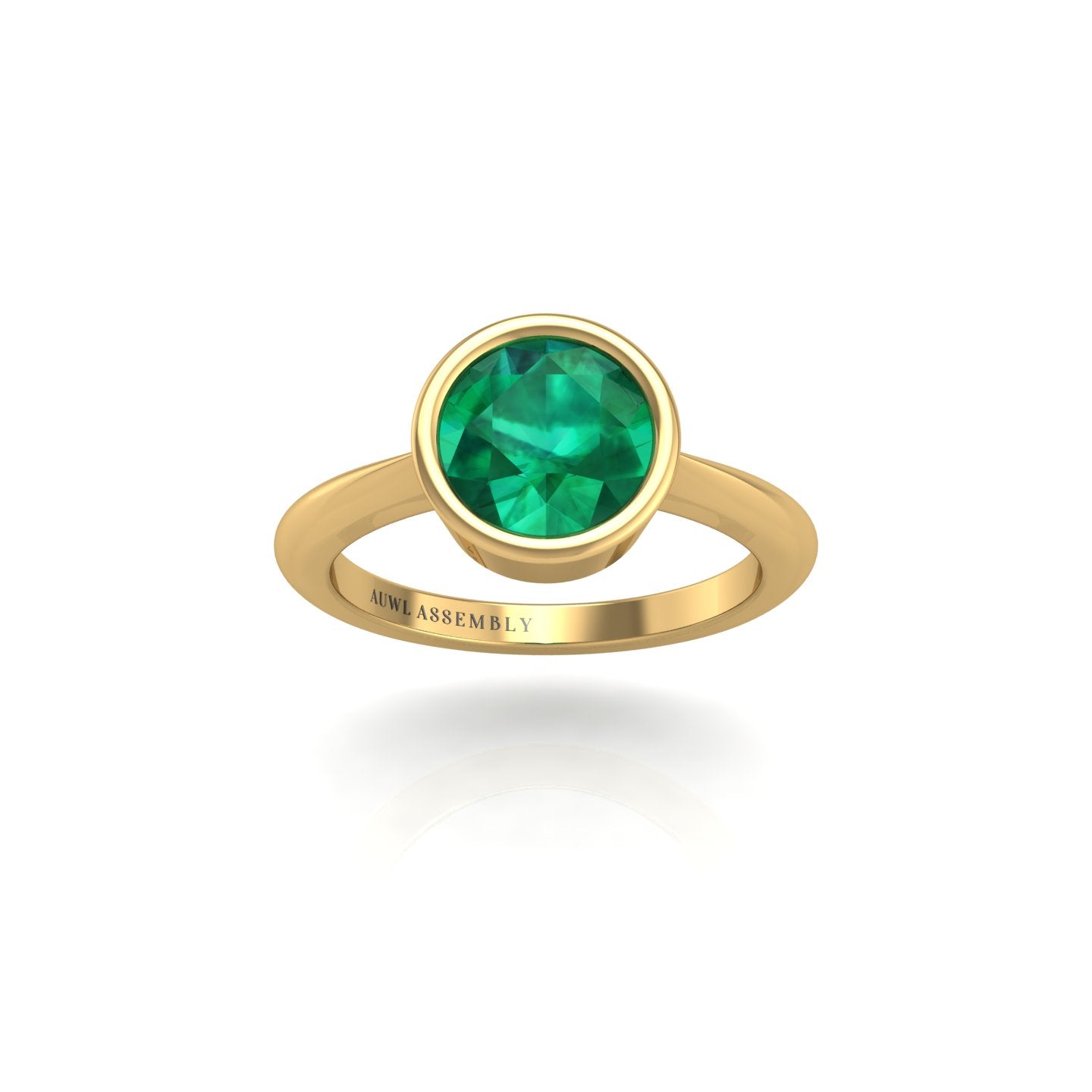 Gold emerald round solitaire ring front view