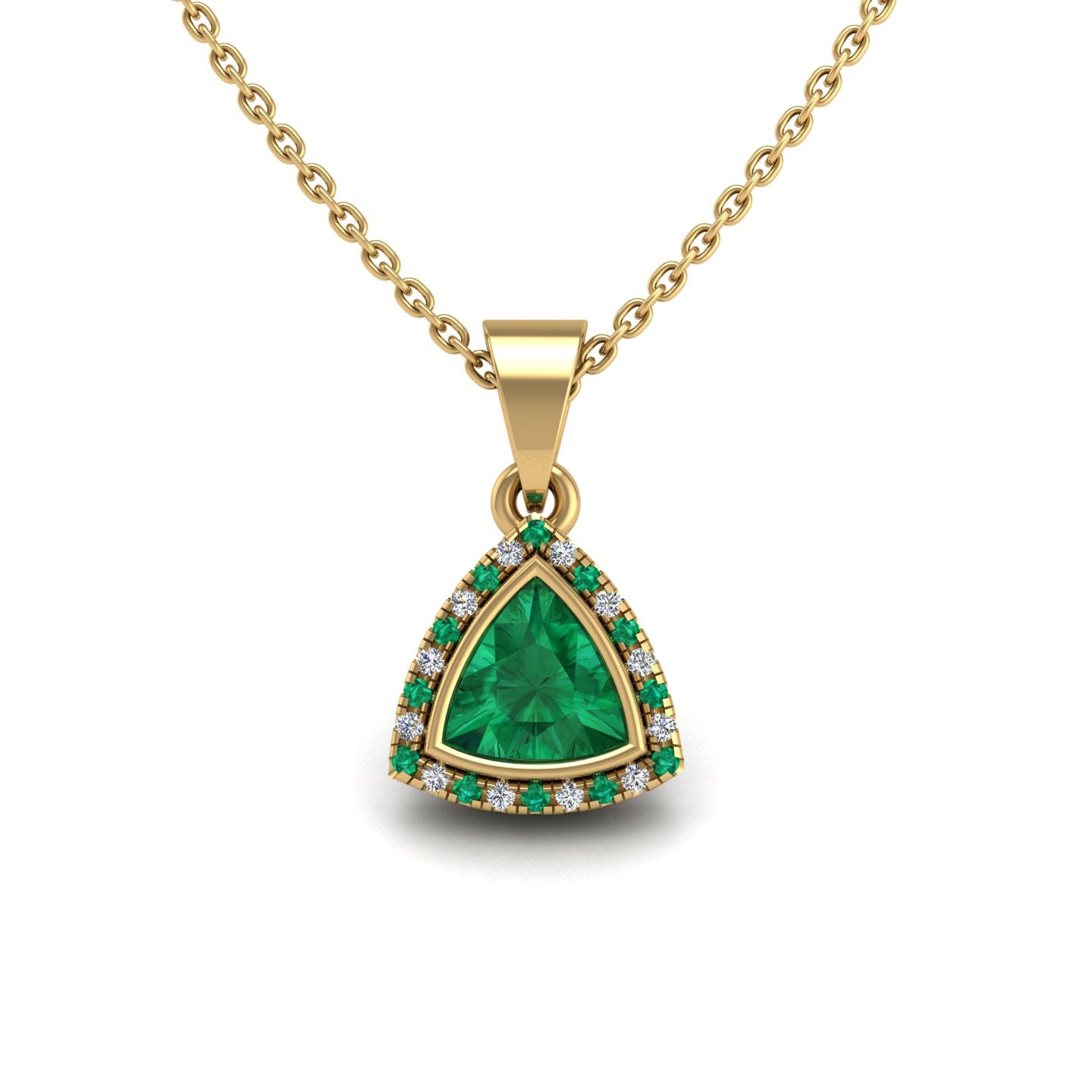 Gold emerald trillion divine halo pendant center view