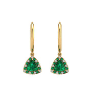 Gold emerald trillion halo hoop earrings front view