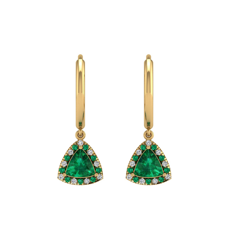 Gold emerald trillion halo hoop earrings front view