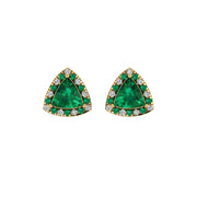 Gold emerald trillion halo stud earrings front view