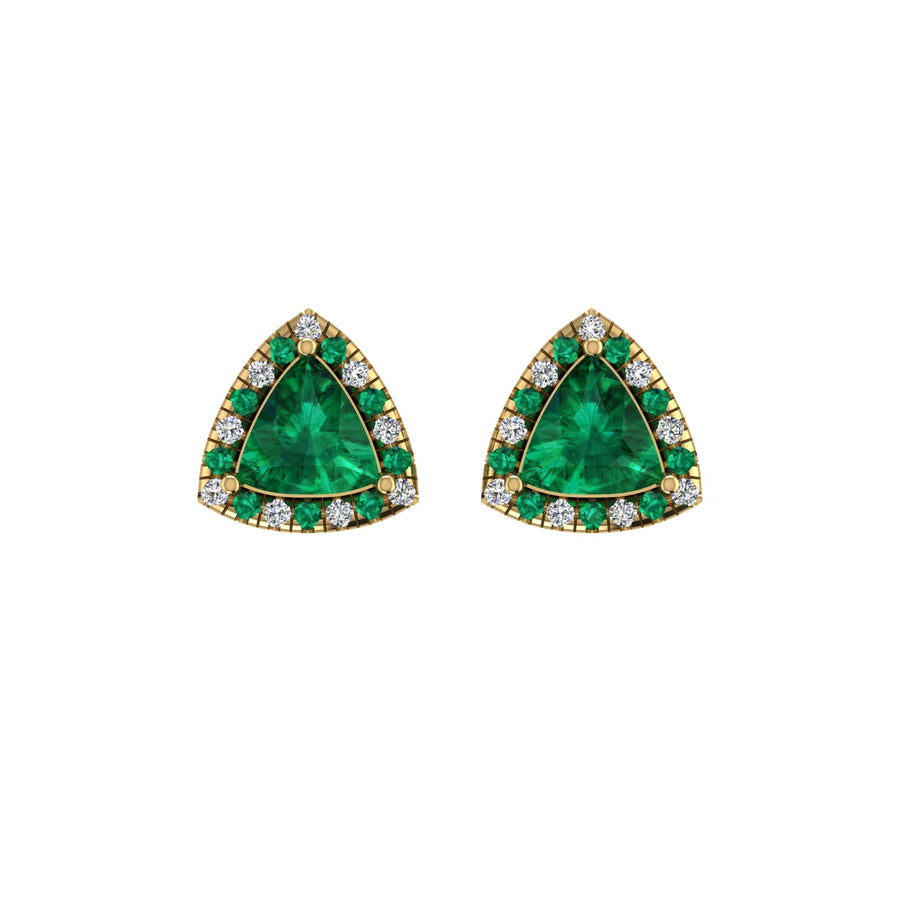 Gold emerald trillion halo stud earrings front view