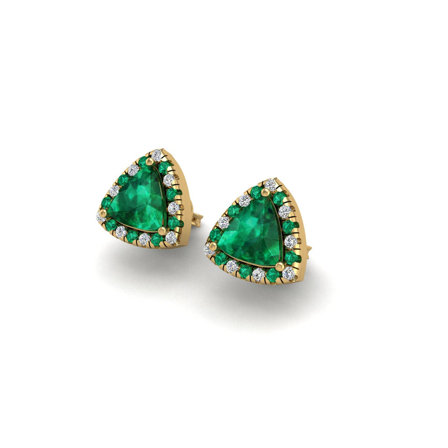 Gold emerald trillion halo stud earrings