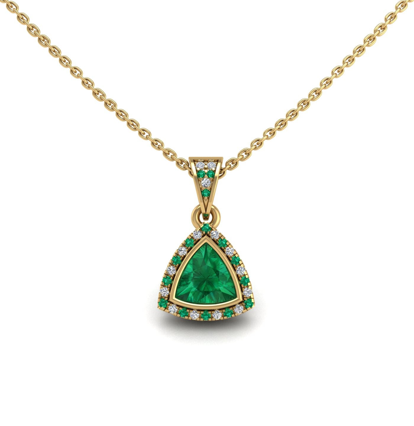 Gold emerald trillion heavenly halo pendant center view